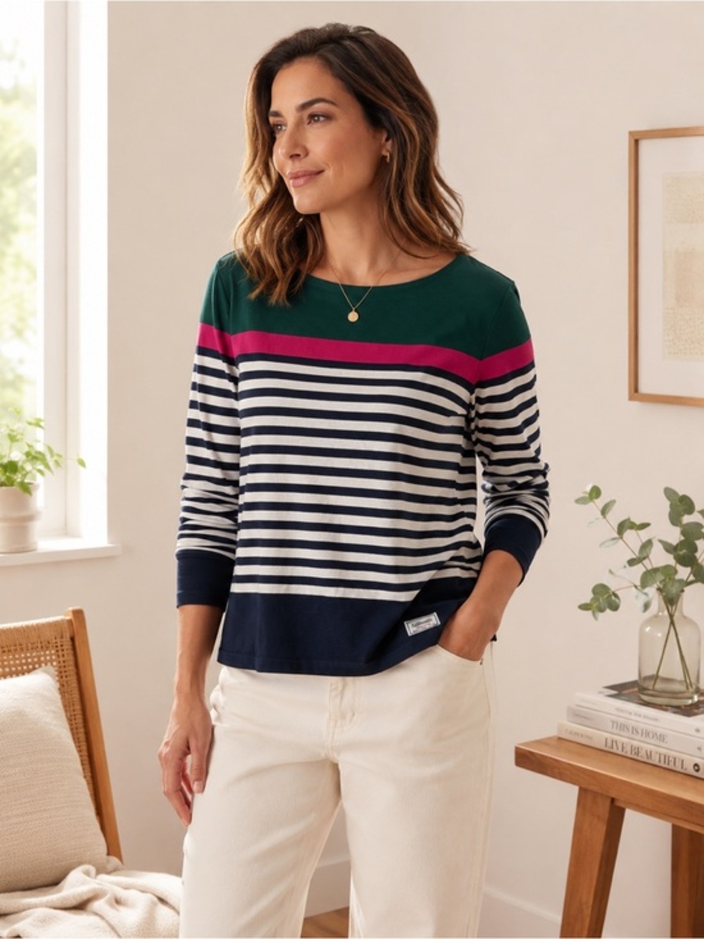 Talbots Green Crewneck Top with Pink Trim